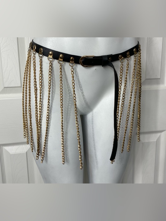 Accessories - Black Leather Belt with Gold Chain Fringe